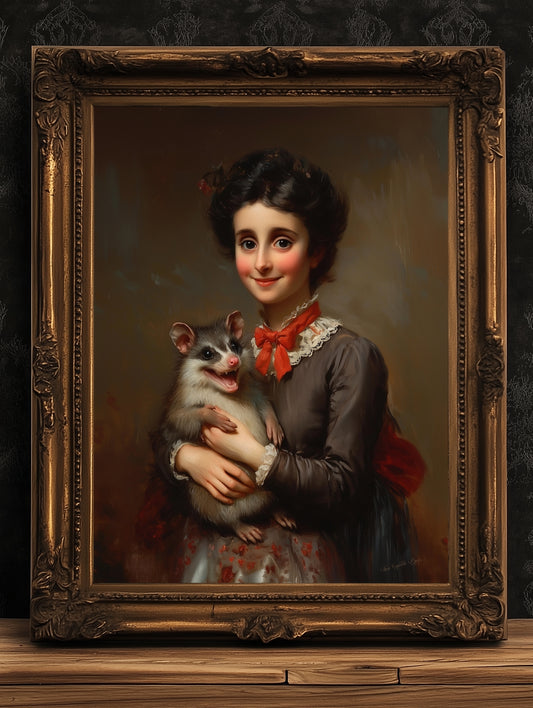 Victorian Possum Portrait Print, Funny Whimsigoth Decor, Classical Animal Wall Decor Painting, Cottagecore Opossum Painting for Pet Lovers