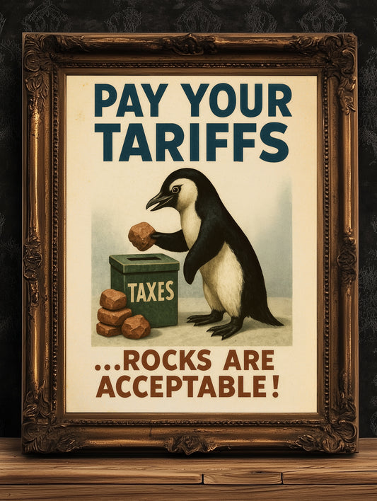 Propaganda Poster, Funny Democrat Penguins Tariffs Art Print, Pay Your Taxes with Rocks Humor for Office, Dorm, or Eclectic Home Decor
