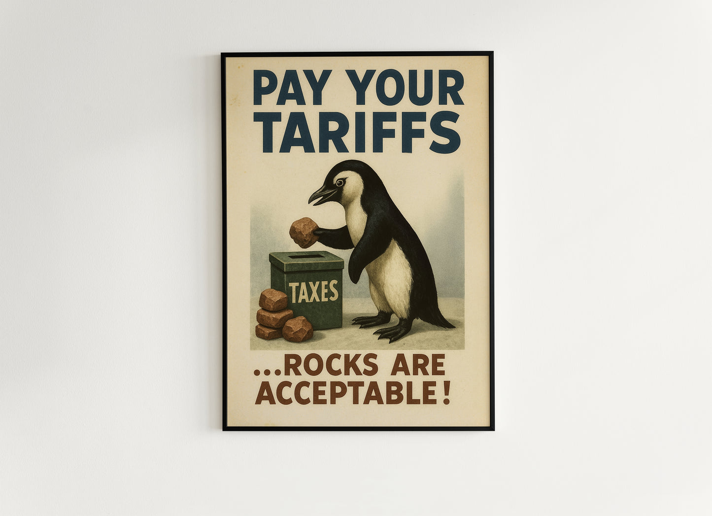Propaganda Poster, Funny Democrat Penguins Tariffs Art Print, Pay Your Taxes with Rocks Humor for Office, Dorm, or Eclectic Home Decor
