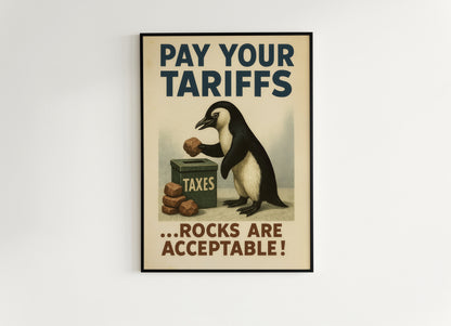 Propaganda Poster, Funny Democrat Penguins Tariffs Art Print, Pay Your Taxes with Rocks Humor for Office, Dorm, or Eclectic Home Decor