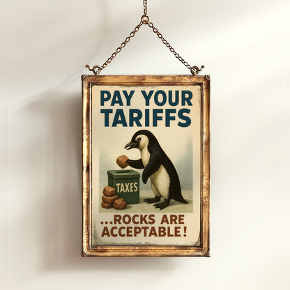 Propaganda Poster, Funny Democrat Penguins Tariffs Art Print, Pay Your Taxes with Rocks Humor for Office, Dorm, or Eclectic Home Decor
