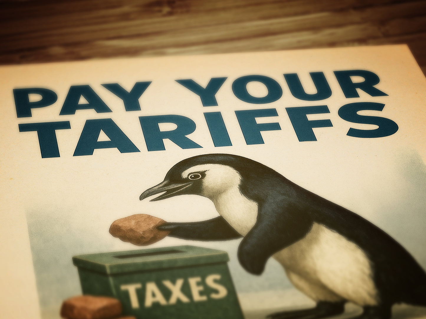 Propaganda Poster, Funny Democrat Penguins Tariffs Art Print, Pay Your Taxes with Rocks Humor for Office, Dorm, or Eclectic Home Decor