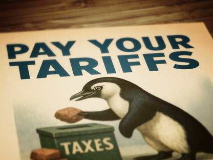 Propaganda Poster, Funny Democrat Penguins Tariffs Art Print, Pay Your Taxes with Rocks Humor for Office, Dorm, or Eclectic Home Decor