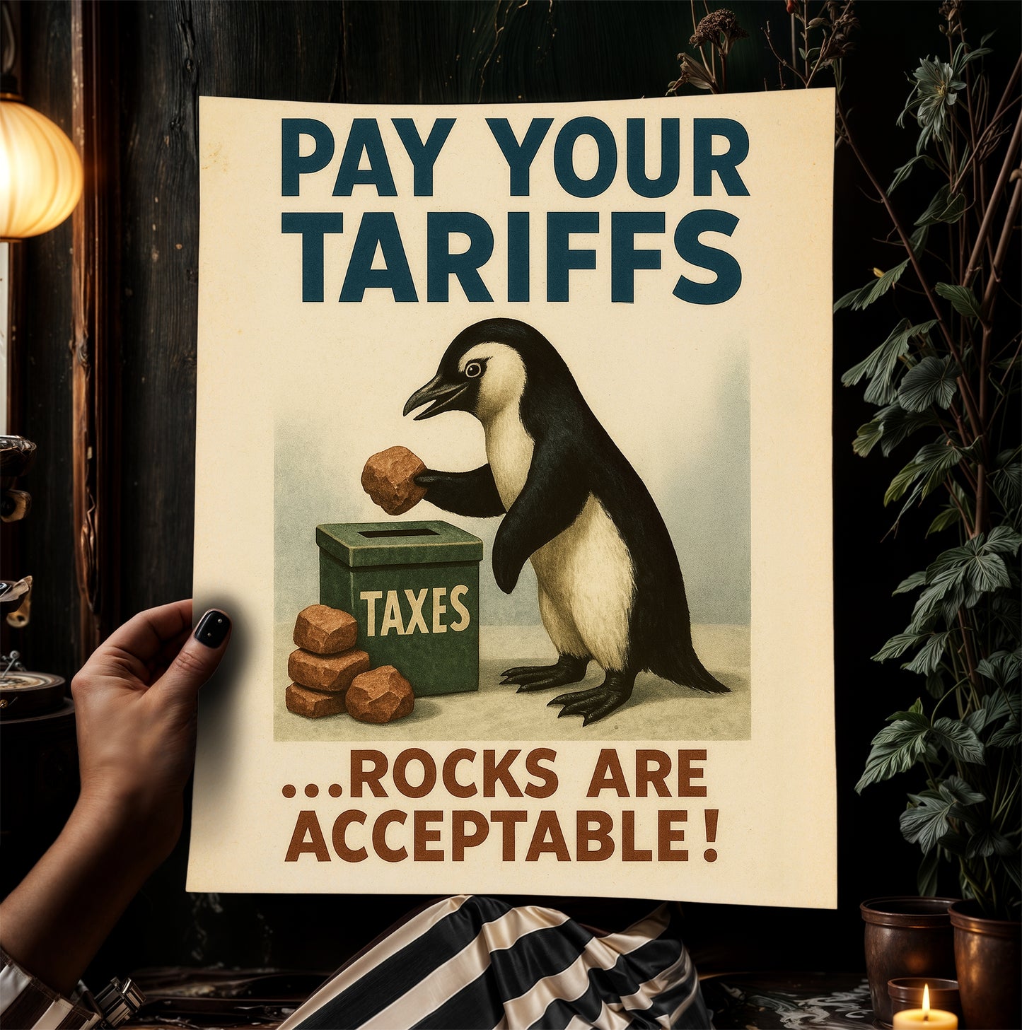 Propaganda Poster, Funny Democrat Penguins Tariffs Art Print, Pay Your Taxes with Rocks Humor for Office, Dorm, or Eclectic Home Decor
