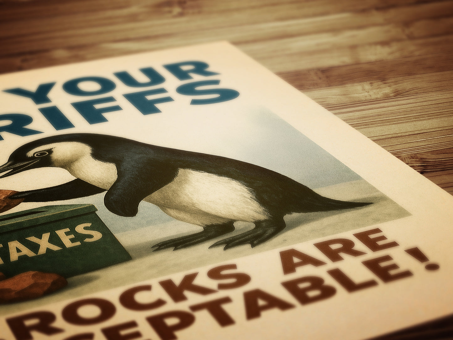 Propaganda Poster, Funny Democrat Penguins Tariffs Art Print, Pay Your Taxes with Rocks Humor for Office, Dorm, or Eclectic Home Decor