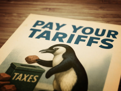 Propaganda Poster, Funny Democrat Penguins Tariffs Art Print, Pay Your Taxes with Rocks Humor for Office, Dorm, or Eclectic Home Decor