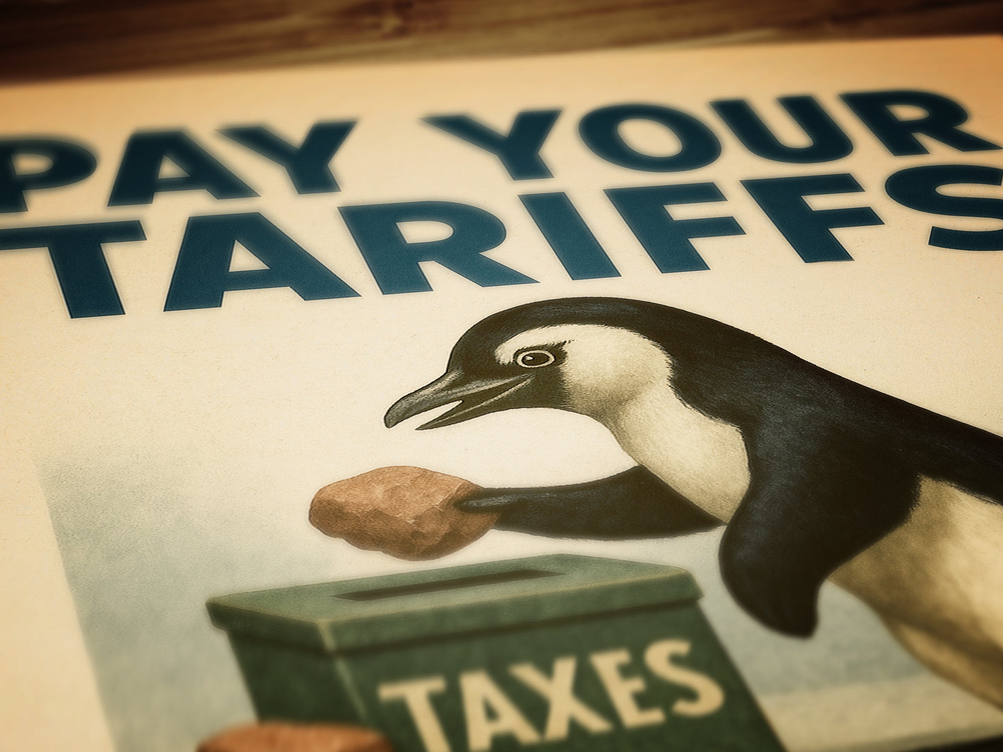 Propaganda Poster, Funny Democrat Penguins Tariffs Art Print, Pay Your Taxes with Rocks Humor for Office, Dorm, or Eclectic Home Decor