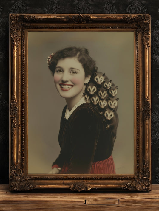 Possum Mama Art Print, Whimsigoth Animal Portrait, Creepy Cute Quirky Gothic Poster, Opossum Mom Lover Gift, Weird Classical Wall Art Decor