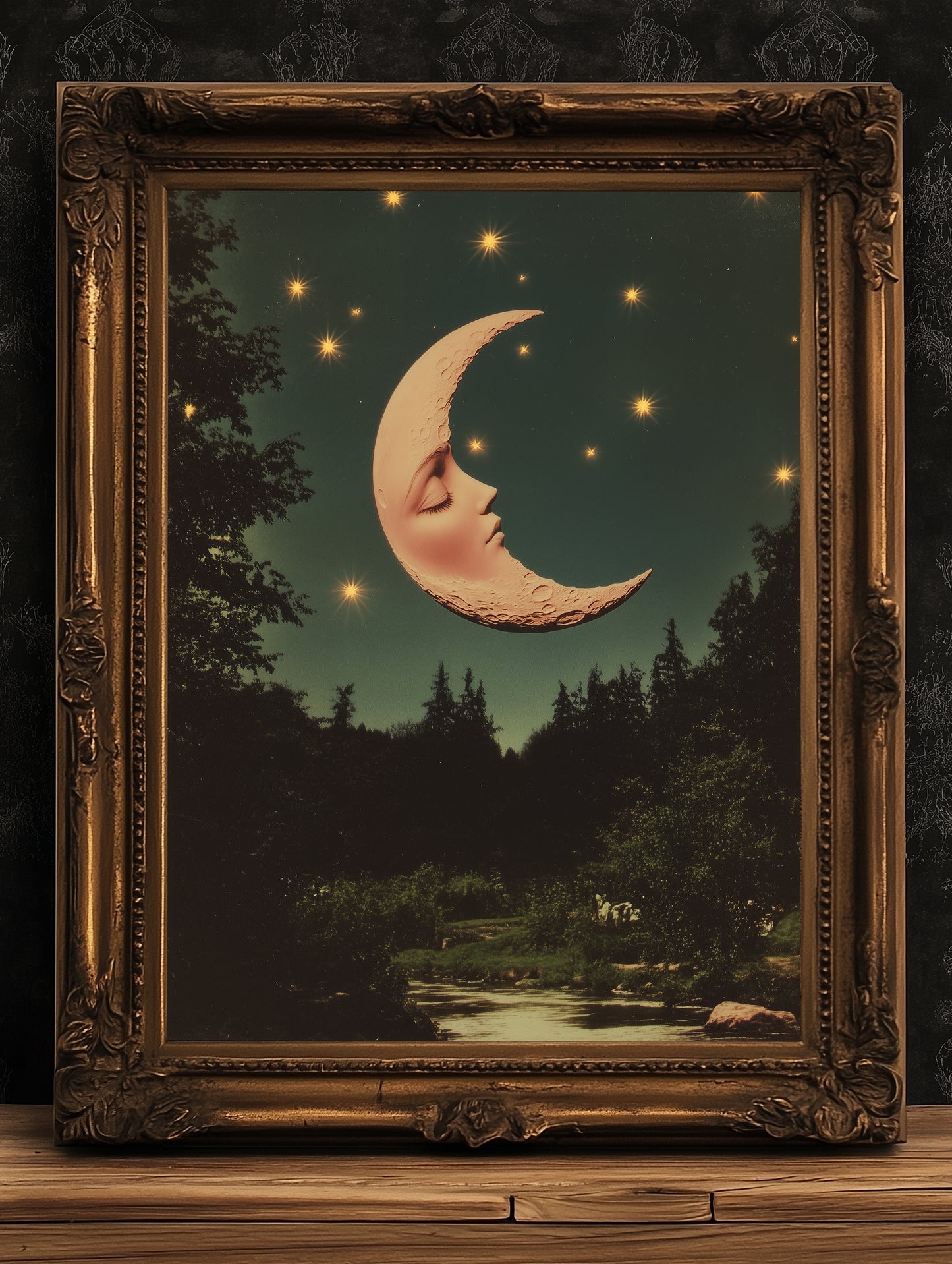 Whimsical Crescent Moon Face Art Print, Vintage Dreamcore Night Sky Wall Decor, Cottagecore Celestial Poster, Mystical Moon Artwork