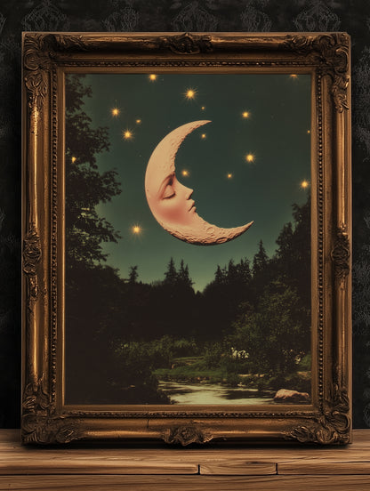 Whimsical Crescent Moon Face Art Print, Vintage Dreamcore Night Sky Wall Decor, Cottagecore Celestial Poster, Mystical Moon Artwork