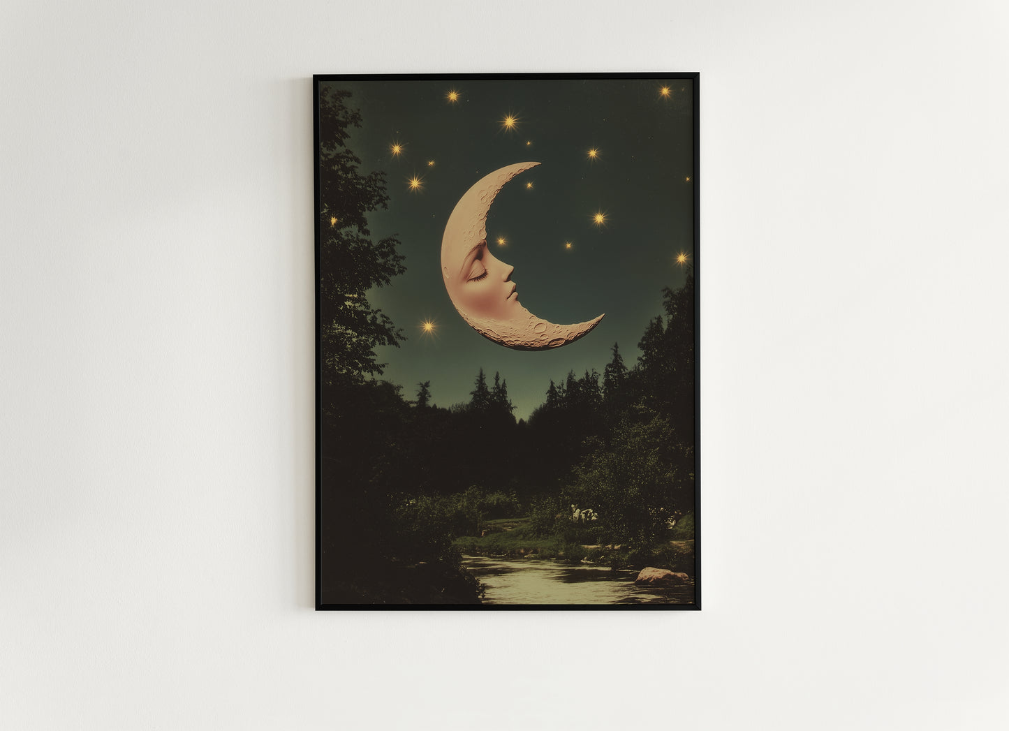 Whimsical Crescent Moon Face Art Print, Vintage Dreamcore Night Sky Wall Decor, Cottagecore Celestial Poster, Mystical Moon Artwork