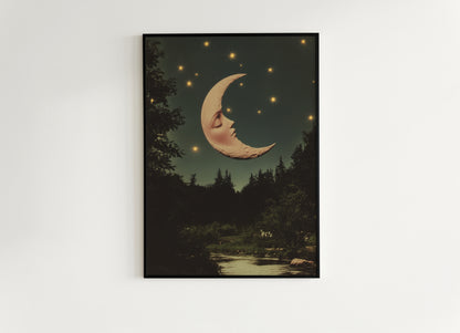 Whimsical Crescent Moon Face Art Print, Vintage Dreamcore Night Sky Wall Decor, Cottagecore Celestial Poster, Mystical Moon Artwork