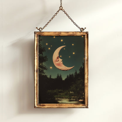 Whimsical Crescent Moon Face Art Print, Vintage Dreamcore Night Sky Wall Decor, Cottagecore Celestial Poster, Mystical Moon Artwork