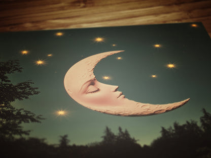 Whimsical Crescent Moon Face Art Print, Vintage Dreamcore Night Sky Wall Decor, Cottagecore Celestial Poster, Mystical Moon Artwork