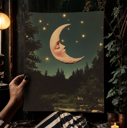Whimsical Crescent Moon Face Art Print, Vintage Dreamcore Night Sky Wall Decor, Cottagecore Celestial Poster, Mystical Moon Artwork