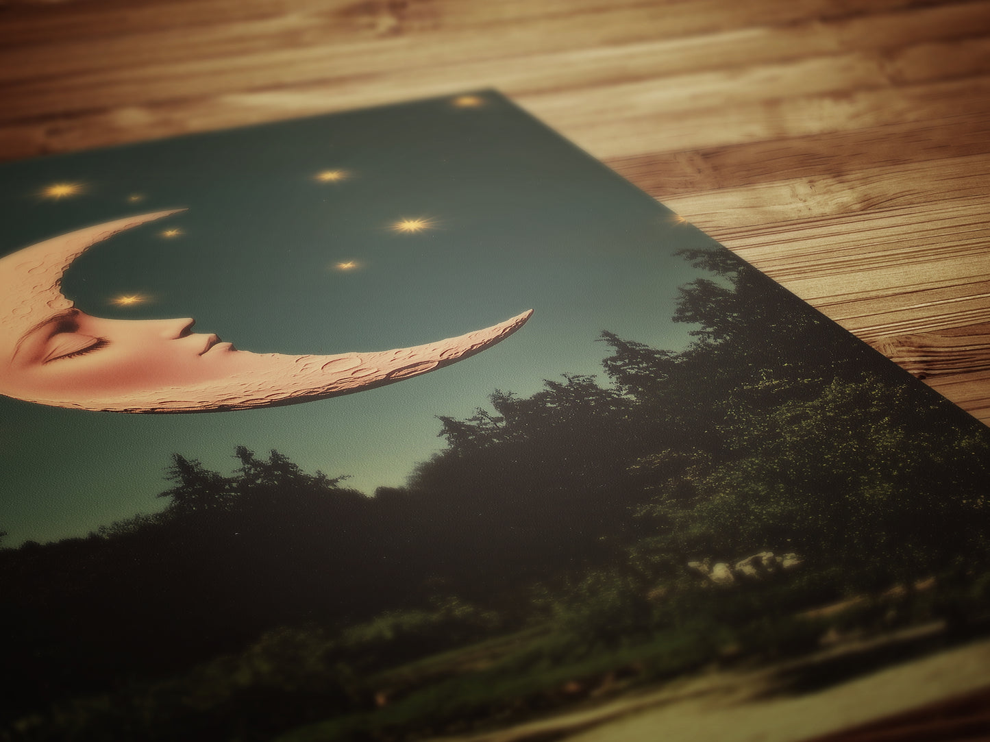 Whimsical Crescent Moon Face Art Print, Vintage Dreamcore Night Sky Wall Decor, Cottagecore Celestial Poster, Mystical Moon Artwork