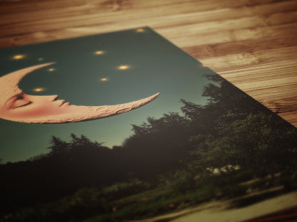 Whimsical Crescent Moon Face Art Print, Vintage Dreamcore Night Sky Wall Decor, Cottagecore Celestial Poster, Mystical Moon Artwork