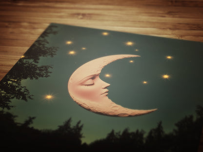Whimsical Crescent Moon Face Art Print, Vintage Dreamcore Night Sky Wall Decor, Cottagecore Celestial Poster, Mystical Moon Artwork
