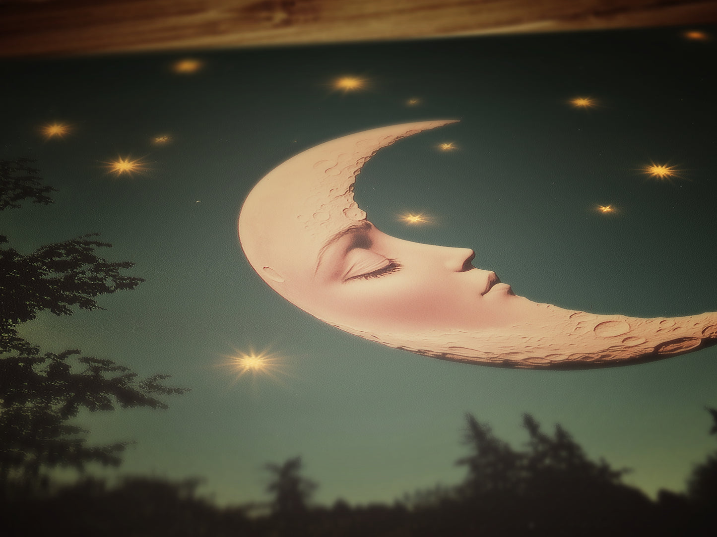 Whimsical Crescent Moon Face Art Print, Vintage Dreamcore Night Sky Wall Decor, Cottagecore Celestial Poster, Mystical Moon Artwork