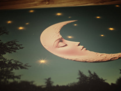 Whimsical Crescent Moon Face Art Print, Vintage Dreamcore Night Sky Wall Decor, Cottagecore Celestial Poster, Mystical Moon Artwork