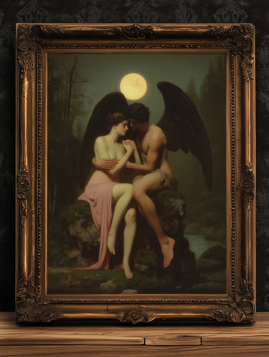 Dark Romantic Angel Of Death Art Print, Witchy Gothic Mythology Lovers Wall Decor, Whimsigoth Moonlight Fantasy Poster, Fallen Angel Poster