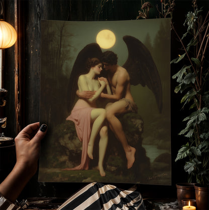 Dark Romantic Angel Of Death Art Print, Witchy Gothic Mythology Lovers Wall Decor, Whimsigoth Moonlight Fantasy Poster, Fallen Angel Poster