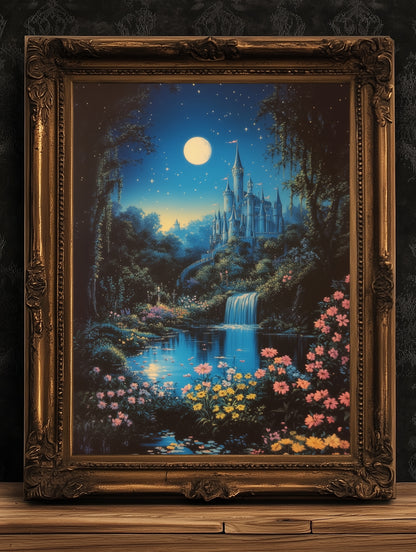 Fairy Tale Castle Under Moonlight, Whimsical Fantasy Landscape Poster Waterfall, Flowers and Stars, Cottagecore Decor, Fairytale Lover Gift