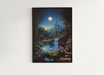 Fairy Tale Castle Under Moonlight, Whimsical Fantasy Landscape Poster Waterfall, Flowers and Stars, Cottagecore Decor, Fairytale Lover Gift