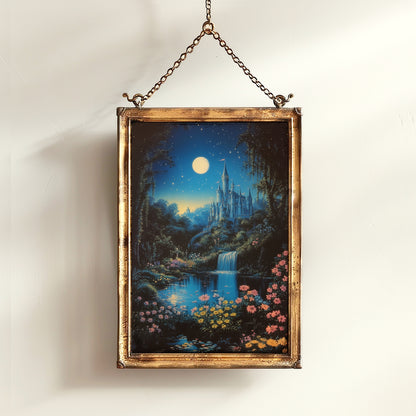 Fairy Tale Castle Under Moonlight, Whimsical Fantasy Landscape Poster Waterfall, Flowers and Stars, Cottagecore Decor, Fairytale Lover Gift
