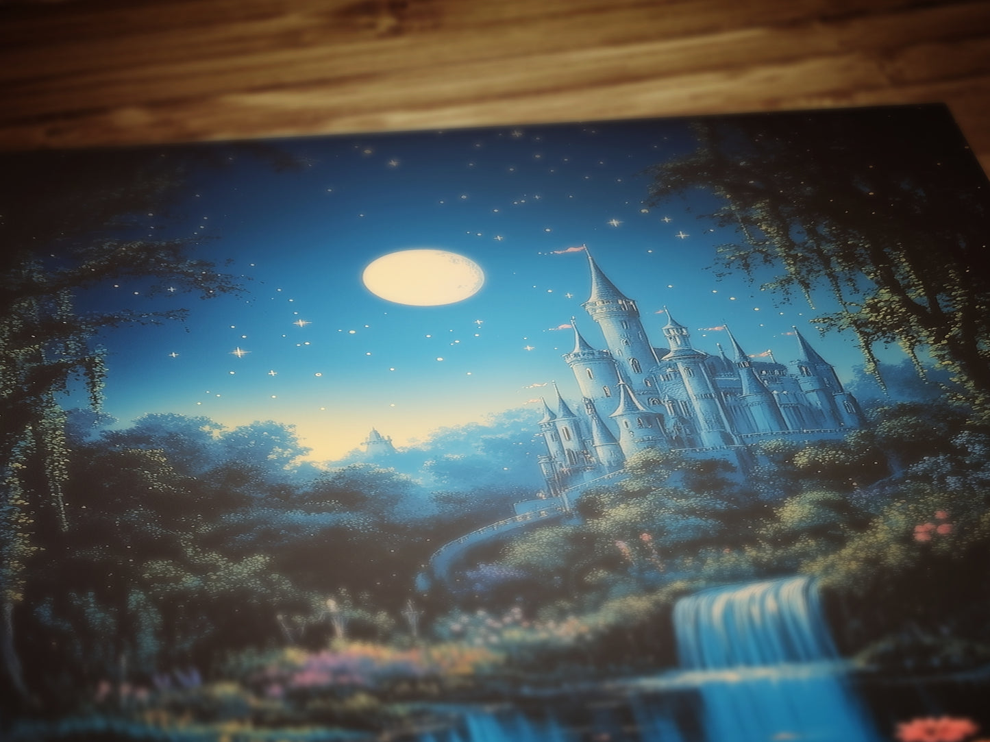 Fairy Tale Castle Under Moonlight, Whimsical Fantasy Landscape Poster Waterfall, Flowers and Stars, Cottagecore Decor, Fairytale Lover Gift