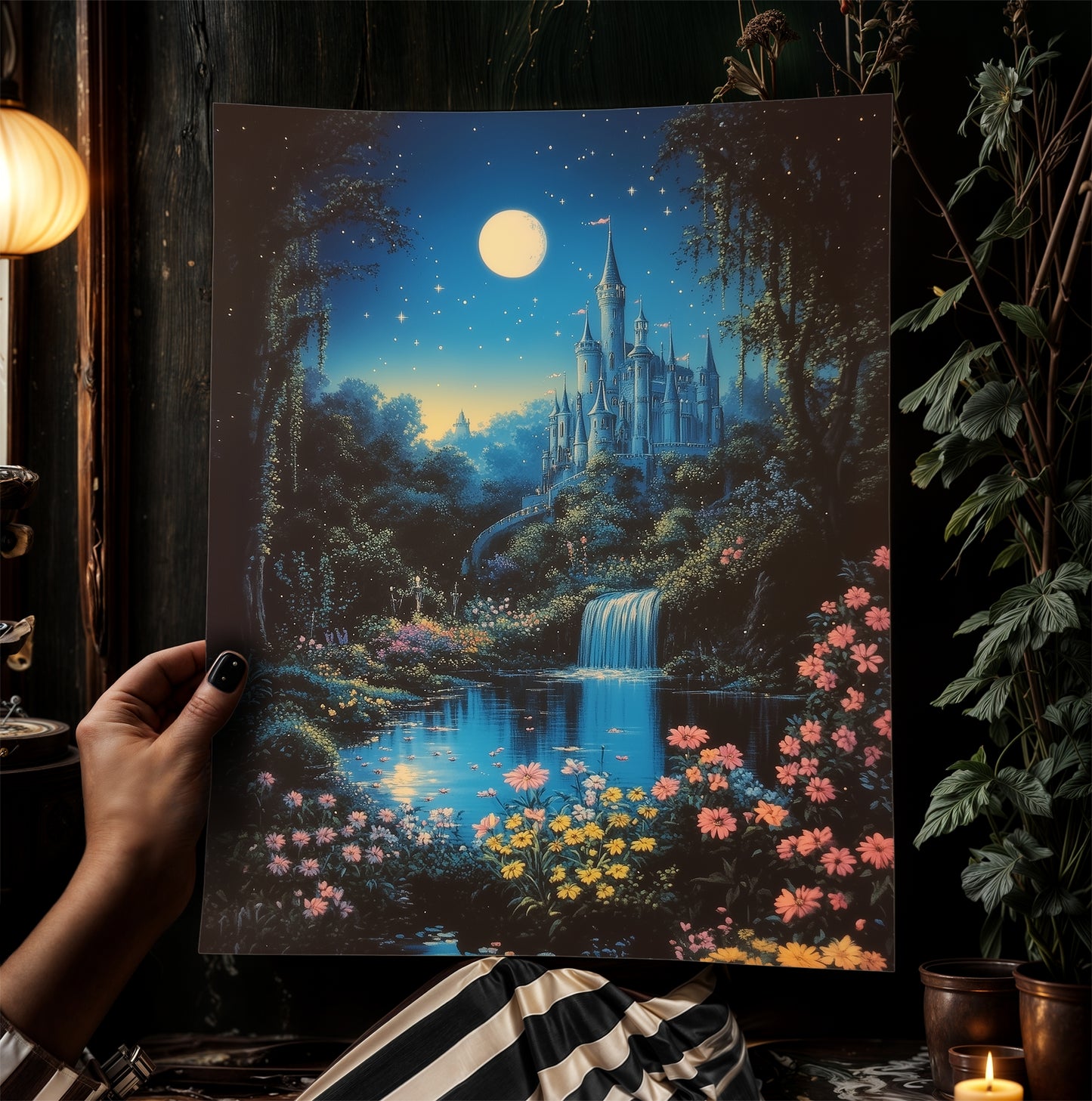 Fairy Tale Castle Under Moonlight, Whimsical Fantasy Landscape Poster Waterfall, Flowers and Stars, Cottagecore Decor, Fairytale Lover Gift