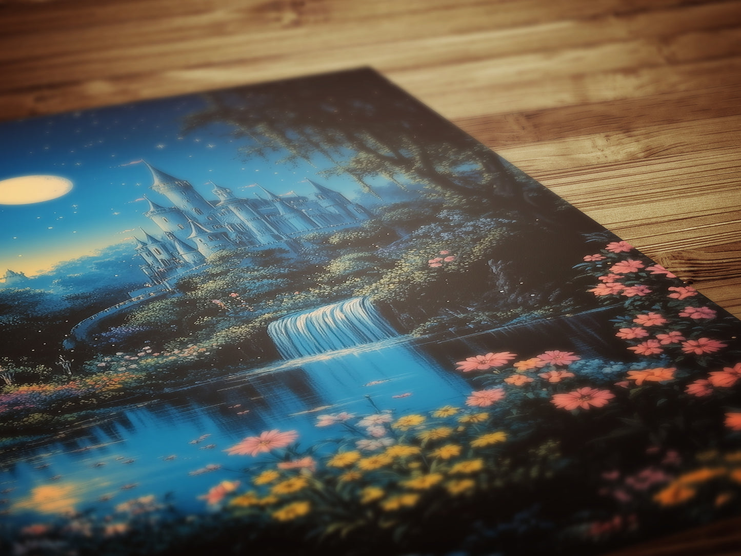 Fairy Tale Castle Under Moonlight, Whimsical Fantasy Landscape Poster Waterfall, Flowers and Stars, Cottagecore Decor, Fairytale Lover Gift