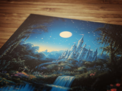 Fairy Tale Castle Under Moonlight, Whimsical Fantasy Landscape Poster Waterfall, Flowers and Stars, Cottagecore Decor, Fairytale Lover Gift