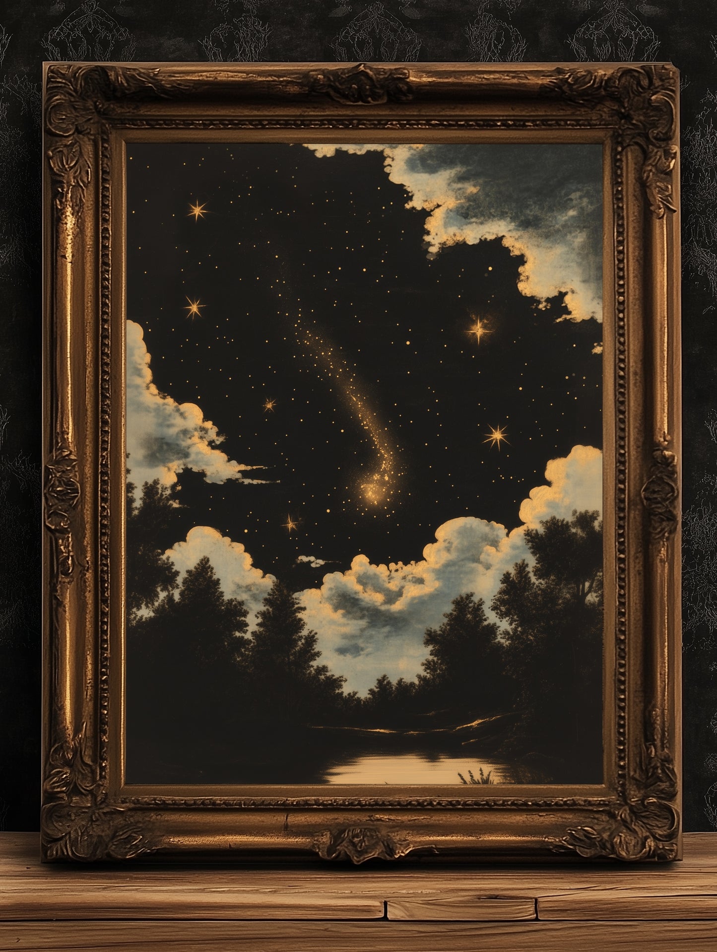 Celestial Night Sky Art Print, Whimsigoth Starry Sky Poster, Witchy Wall Art, Vintage Landscape With Stars And Clouds, Dark Academia Decor