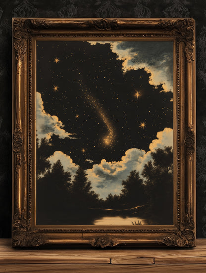 Celestial Night Sky Art Print, Whimsigoth Starry Sky Poster, Witchy Wall Art, Vintage Landscape With Stars And Clouds, Dark Academia Decor