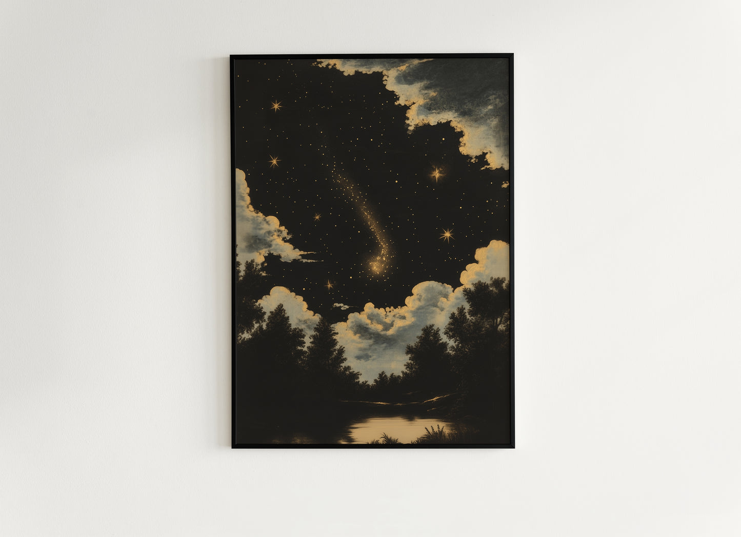 Celestial Night Sky Art Print, Whimsigoth Starry Sky Poster, Witchy Wall Art, Vintage Landscape With Stars And Clouds, Dark Academia Decor
