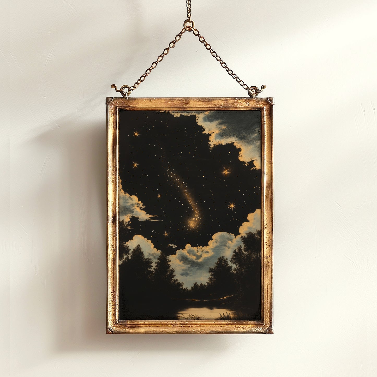 Celestial Night Sky Art Print, Whimsigoth Starry Sky Poster, Witchy Wall Art, Vintage Landscape With Stars And Clouds, Dark Academia Decor