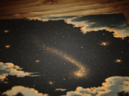 Celestial Night Sky Art Print, Whimsigoth Starry Sky Poster, Witchy Wall Art, Vintage Landscape With Stars And Clouds, Dark Academia Decor