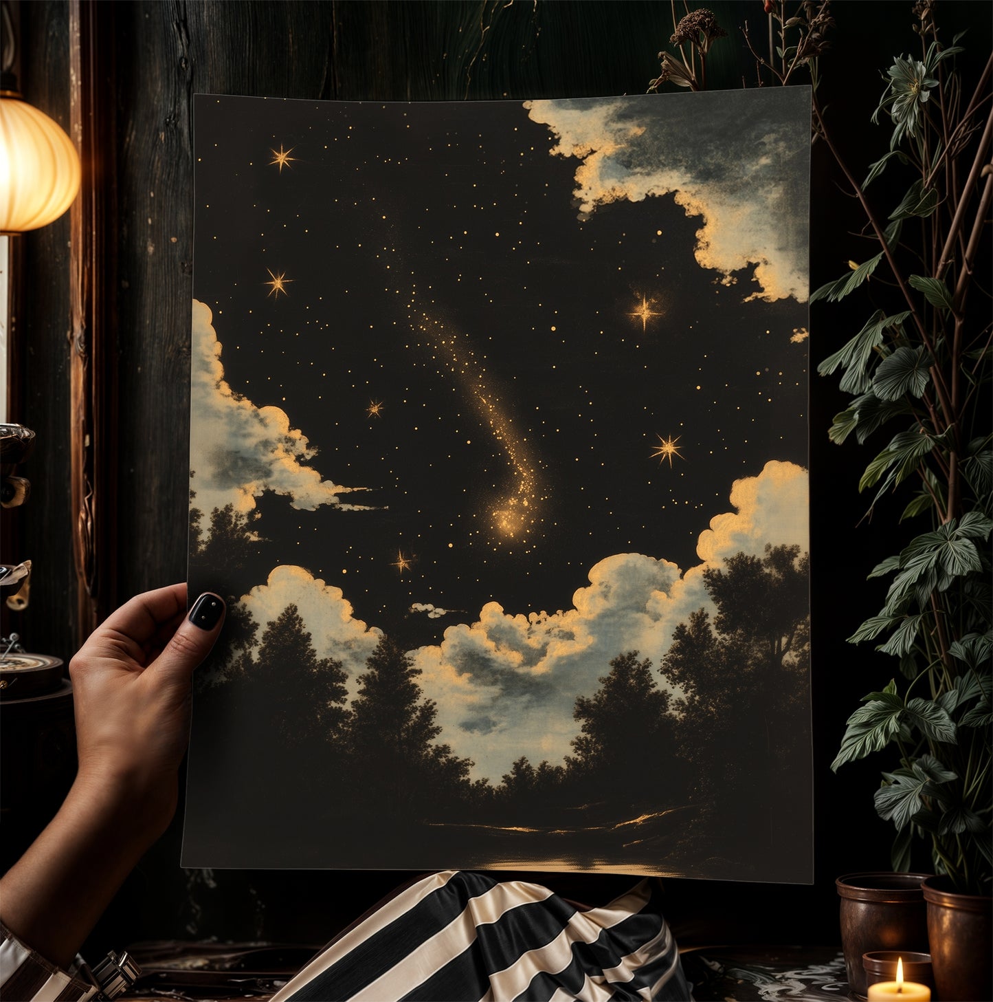 Celestial Night Sky Art Print, Whimsigoth Starry Sky Poster, Witchy Wall Art, Vintage Landscape With Stars And Clouds, Dark Academia Decor
