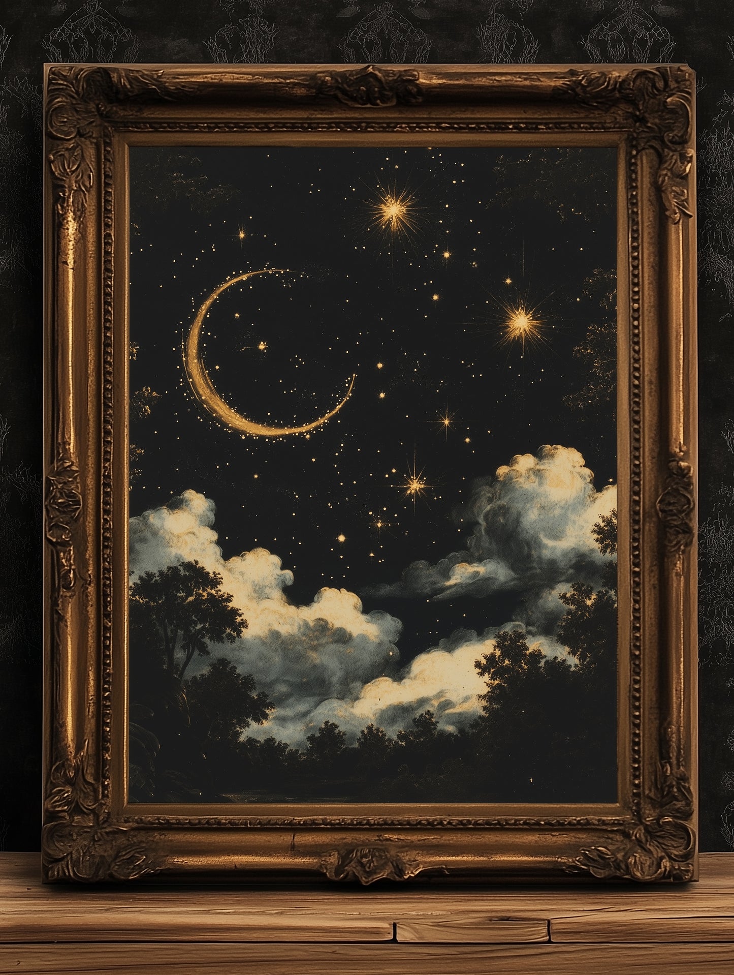 Moon and Stars Celestial Wall Art, Whimsigoth Moon Phase Poster, Dark Academia Witchy Moon Decor, Vintage Starry Sky Cloudy Night Print