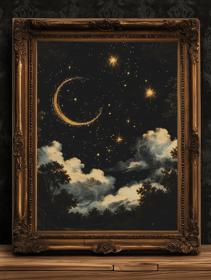 Moon and Stars Celestial Wall Art, Whimsigoth Moon Phase Poster, Dark Academia Witchy Moon Decor, Vintage Starry Sky Cloudy Night Print