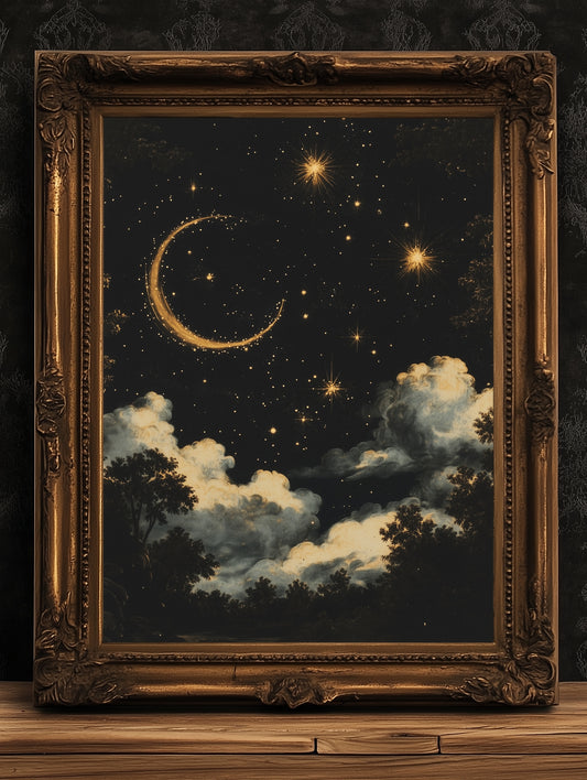 Moon and Stars Celestial Wall Art, Whimsigoth Moon Phase Poster, Dark Academia Witchy Moon Decor, Vintage Starry Sky Cloudy Night Print