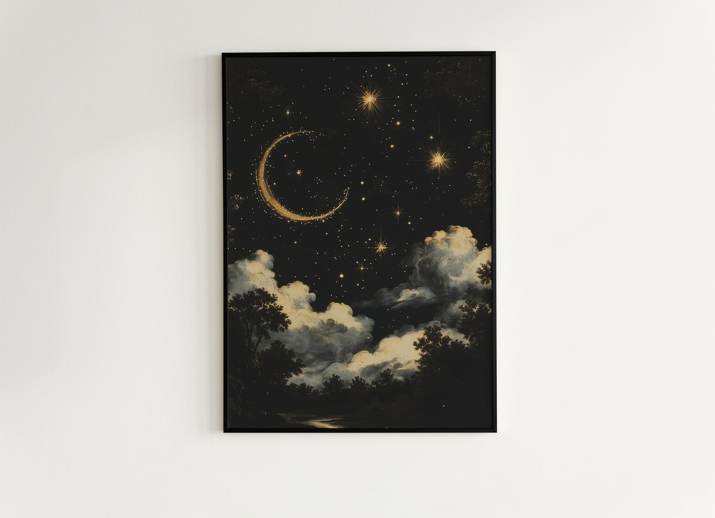 Moon and Stars Celestial Wall Art, Whimsigoth Moon Phase Poster, Dark Academia Witchy Moon Decor, Vintage Starry Sky Cloudy Night Print