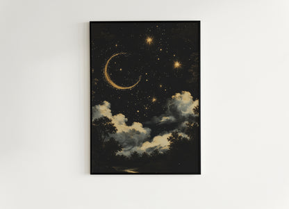 Moon and Stars Celestial Wall Art, Whimsigoth Moon Phase Poster, Dark Academia Witchy Moon Decor, Vintage Starry Sky Cloudy Night Print