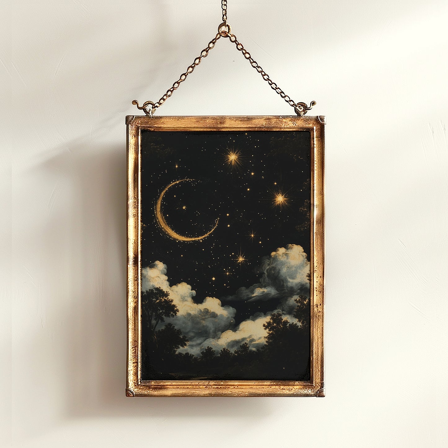 Moon and Stars Celestial Wall Art, Whimsigoth Moon Phase Poster, Dark Academia Witchy Moon Decor, Vintage Starry Sky Cloudy Night Print