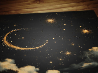 Moon and Stars Celestial Wall Art, Whimsigoth Moon Phase Poster, Dark Academia Witchy Moon Decor, Vintage Starry Sky Cloudy Night Print