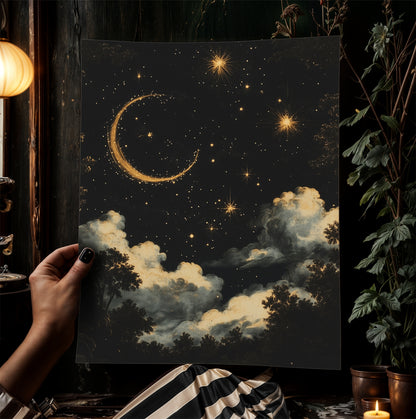 Moon and Stars Celestial Wall Art, Whimsigoth Moon Phase Poster, Dark Academia Witchy Moon Decor, Vintage Starry Sky Cloudy Night Print