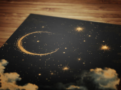 Moon and Stars Celestial Wall Art, Whimsigoth Moon Phase Poster, Dark Academia Witchy Moon Decor, Vintage Starry Sky Cloudy Night Print