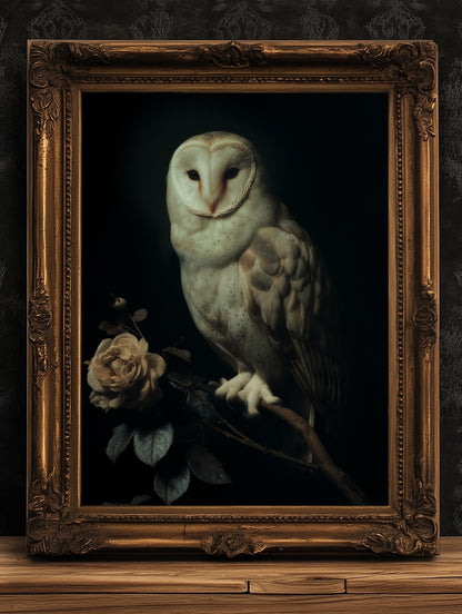 Gothic Barn Owl Perched On Roses Branch Wall Art, Vintage Nocturnal Bird Painting, Witchy Whimsigoth Decor, Dark Academia Poster