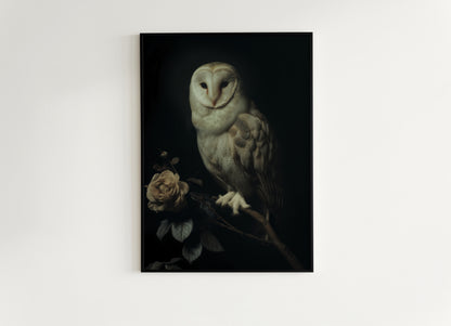 Gothic Barn Owl Perched On Roses Branch Wall Art, Vintage Nocturnal Bird Painting, Witchy Whimsigoth Decor, Dark Academia Poster